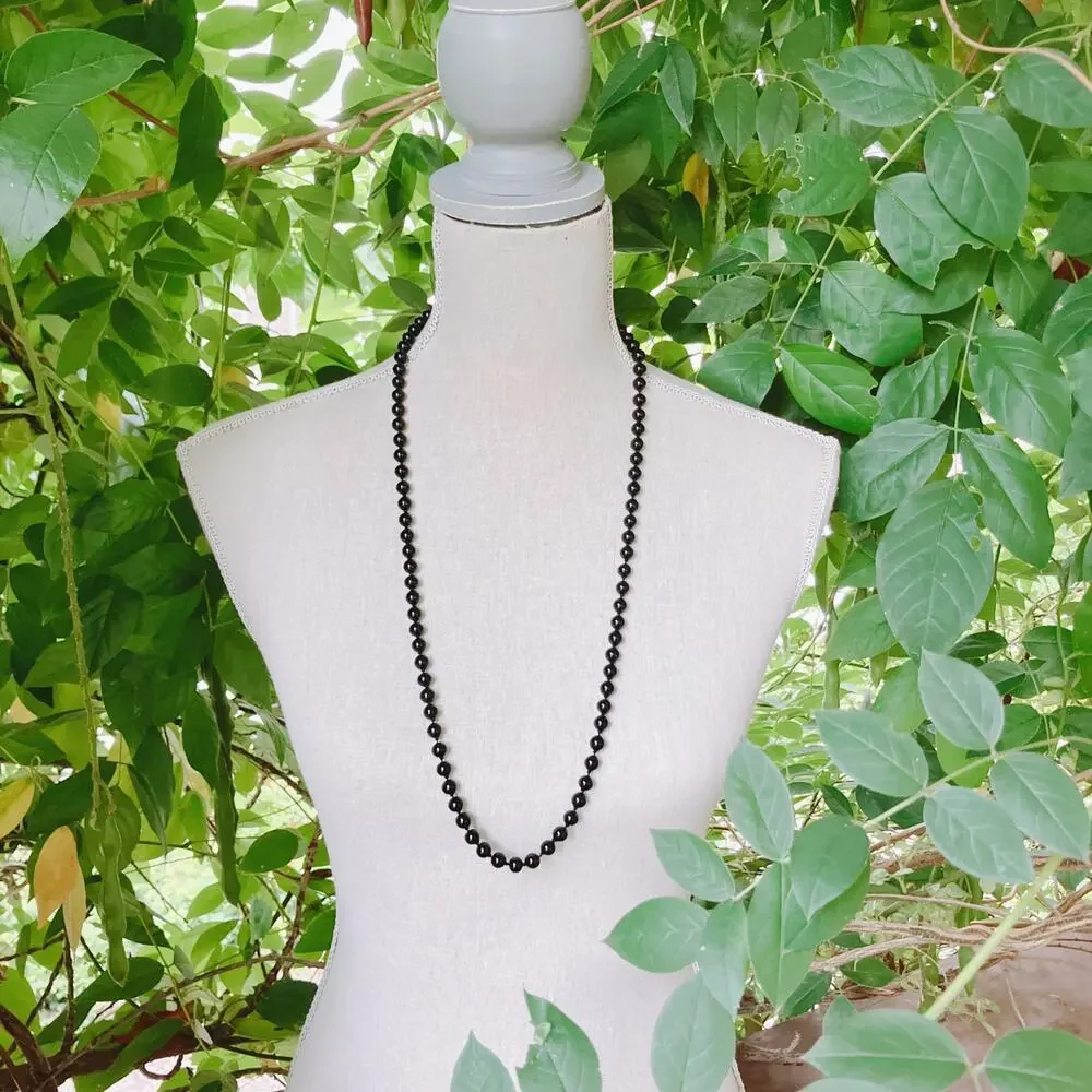 VTG Monet Signed Glossy Jet Black Glass Bead Necklace 70s Long Opera Strand